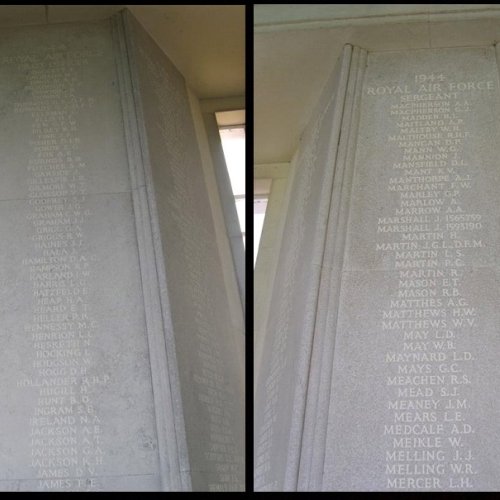 The names of Air/Gnr P/O George Frederick William Few (Panel 211) and Nav Sgt Alfred George Matthes (Panel 234) The Runnymede Memorial.
