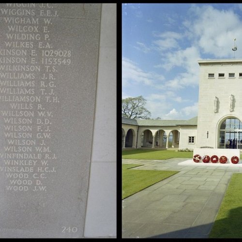 The name of Fl/Eng Sgt William Marshall Wilson (Panel 240) The Runnymede Memorial. Wreaths laid on The Stone of Remembrance at Runnymede.