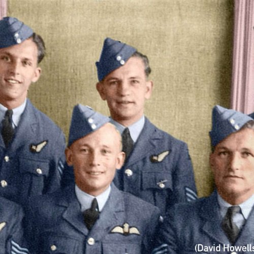 Acting Fg Off and pilot Chris Weight is front centre. Bottom right is Navigator Fg Off Maurice Pickersgill. Rear right is Bomb Aimer Sgt Henry ‘Harry’ Backway. Rear left is Wireless Op. Sgt Cliff Hillier. The two gunners rear centre and bottom left are Sgt Stanley Rees George and Sgt Cyril Lloyd. It is not known at this stage which is which. (David Howells)