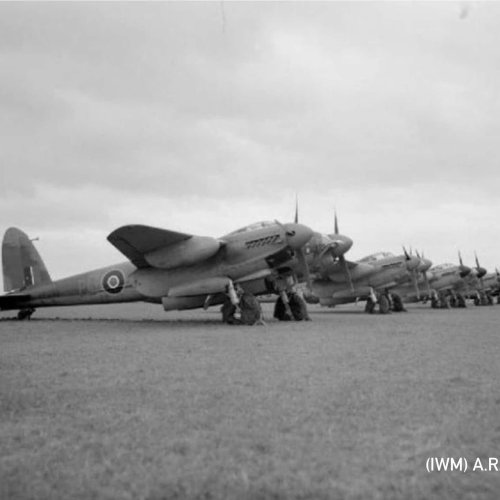 Line-up of No.692 Squadron Mosquitoes, MM150 could be third from left as this is the only four bladed Mosquito the Squadron had. (IWM)