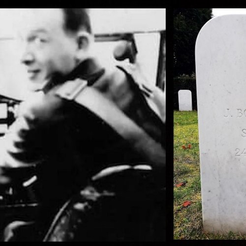 (Left) Pilot: Sgt Jacques L. Bonnewit in cockpit during training (Image: Courtesy of Gareth Mackey) (Right) Jacques L. Bonnewit’s grave in Belgium (Image: Courtesy of Eddy Vannerom on 02 Nov 2020)