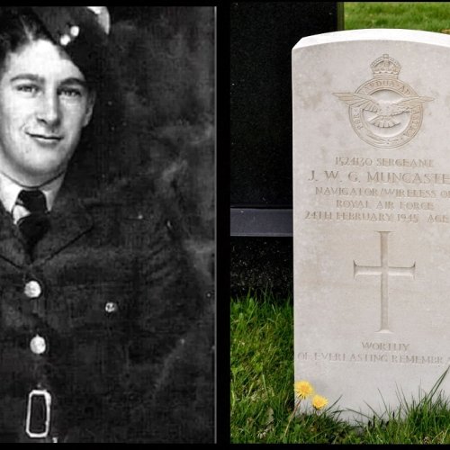 (Left) Navigator/Radar/Op: Sgt John William George Muncaster (Image: Courtesy of Gareth Mackey) (Right) John William George Muncaster’s grave (Image: Courtesy of Martin Tolley on 02 May 2018)
