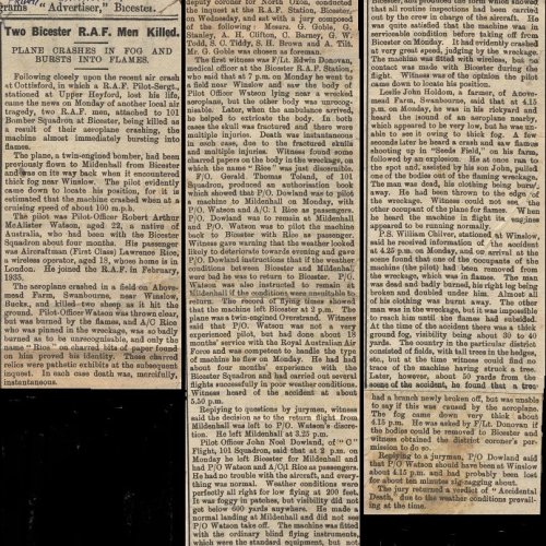 Inquest proceedings into the crash held at R.A.F. Bicester, along with eye witness accounts, published in The Bicester Advertiser on Friday 15th January 1937.
