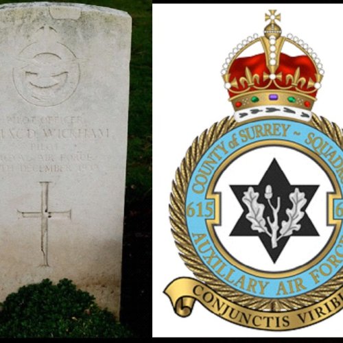 The grave of Pilot Officer Stanley Macdonald Wickham 40773 Royal Air Force, and the Squadron Badge of No. 615.