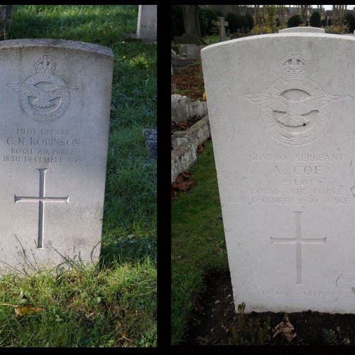 Graves of Pilot Officer Clair Neil Robinson and Sergeant Albert Coe (Photo taken by John Rainer on 16 Mar 2020 and Military Historian on 11 Nov 2013, respectively)