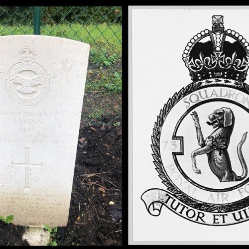 The grave of Sgt. J Winn and the No.73 Squadron Badge whose motto is “TUTOR ET ULTOR” Protector and Evanger