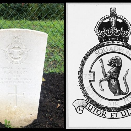 The grave of Sgt. R M Perry and the No.73 Squadron Badge whose motto is “TUTOR ET ULTOR” Protector and Evanger